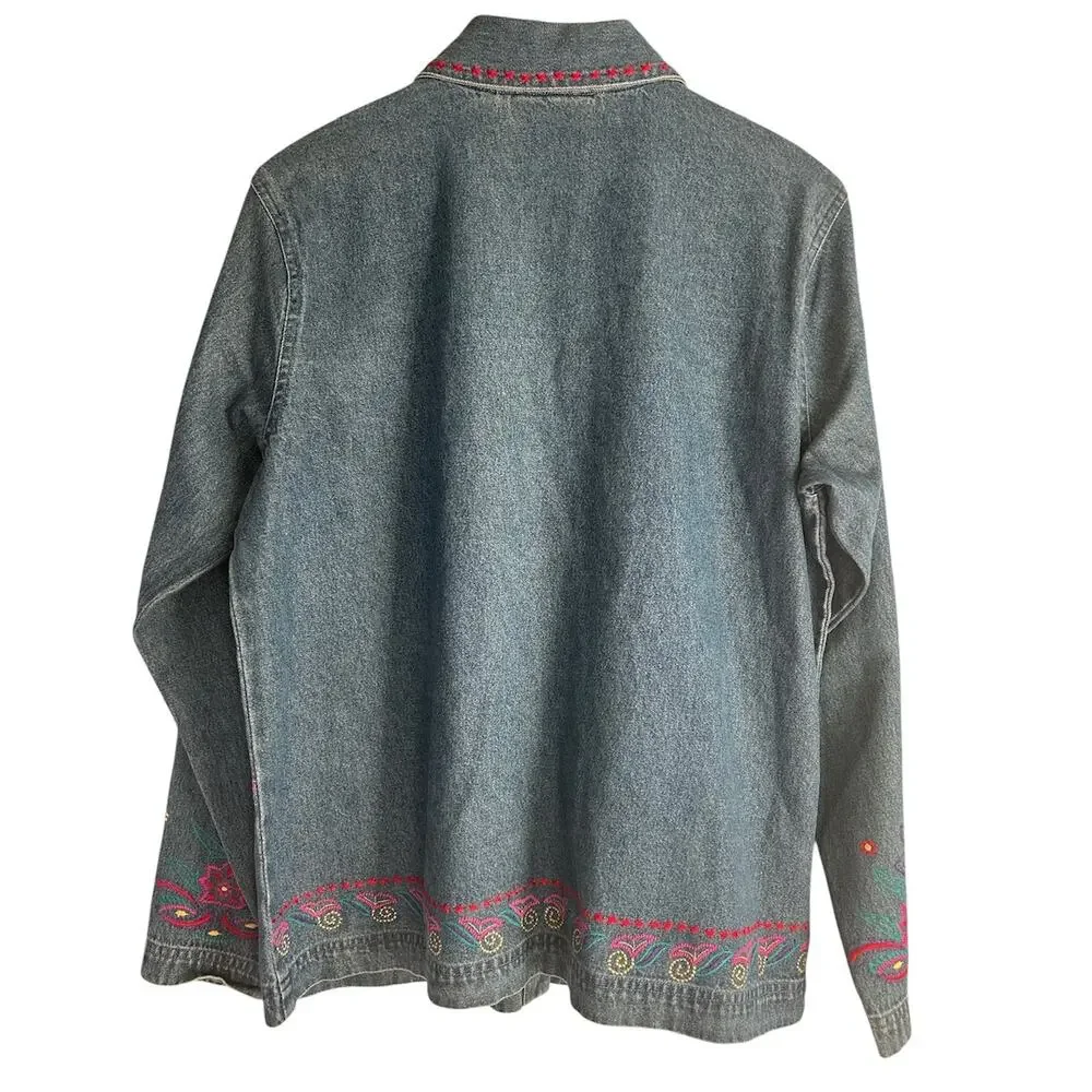 Vintage Coldwater Creek Size Large 100% Cotton‎ Boho Embroidered Denim Jacket